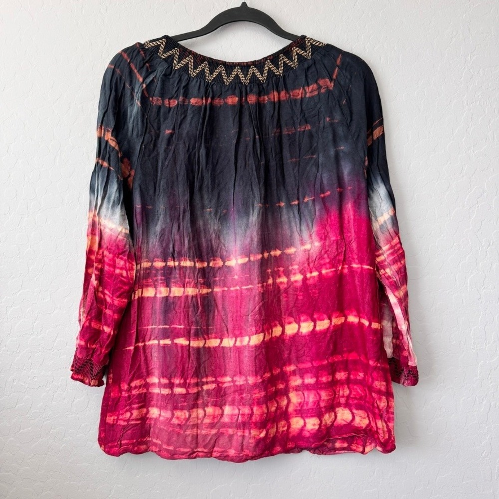 Ali Miles M Tunic Top Black Magenta Tie Dye Long Sleeve Embroidered Boho Blouse - Picture 6 of 6